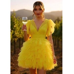 Mac Duggal A-line Tulle Flutter Sleeve Mini Cocktail Dress